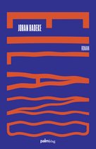 Boekomslag 'Eiland' van Johan hadeke. Oranje lijnen op blauwe achtergrond.