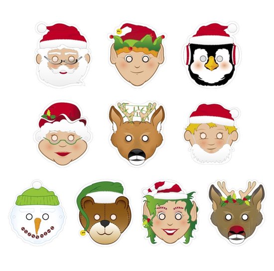 Tien kerstmaskers: kerstman, elf, pinguïn, kerstvrouw, hert, blonde jongen, sneeuwpop, beer, elf en hert.