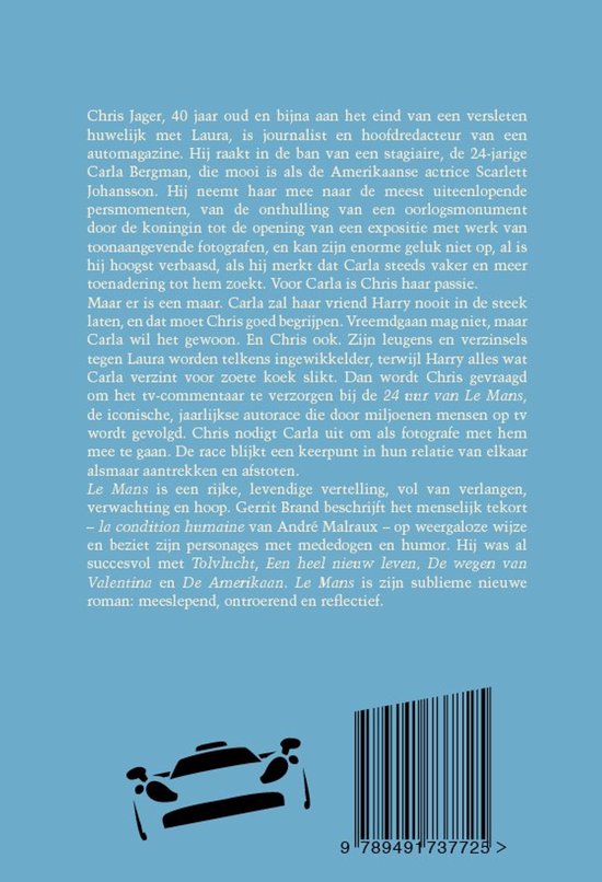 Achterkant van het boek 'Le Mans' met tekst en een silhouet van een sportwagen.