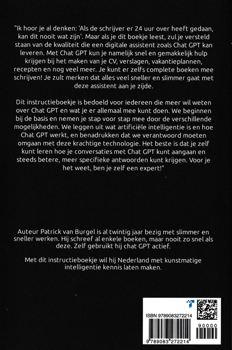 Achterkant boek '50x Slimmer en Sneller met ChatGPT' met tekst en ISBN-nummer. Patrick van Burgel.
