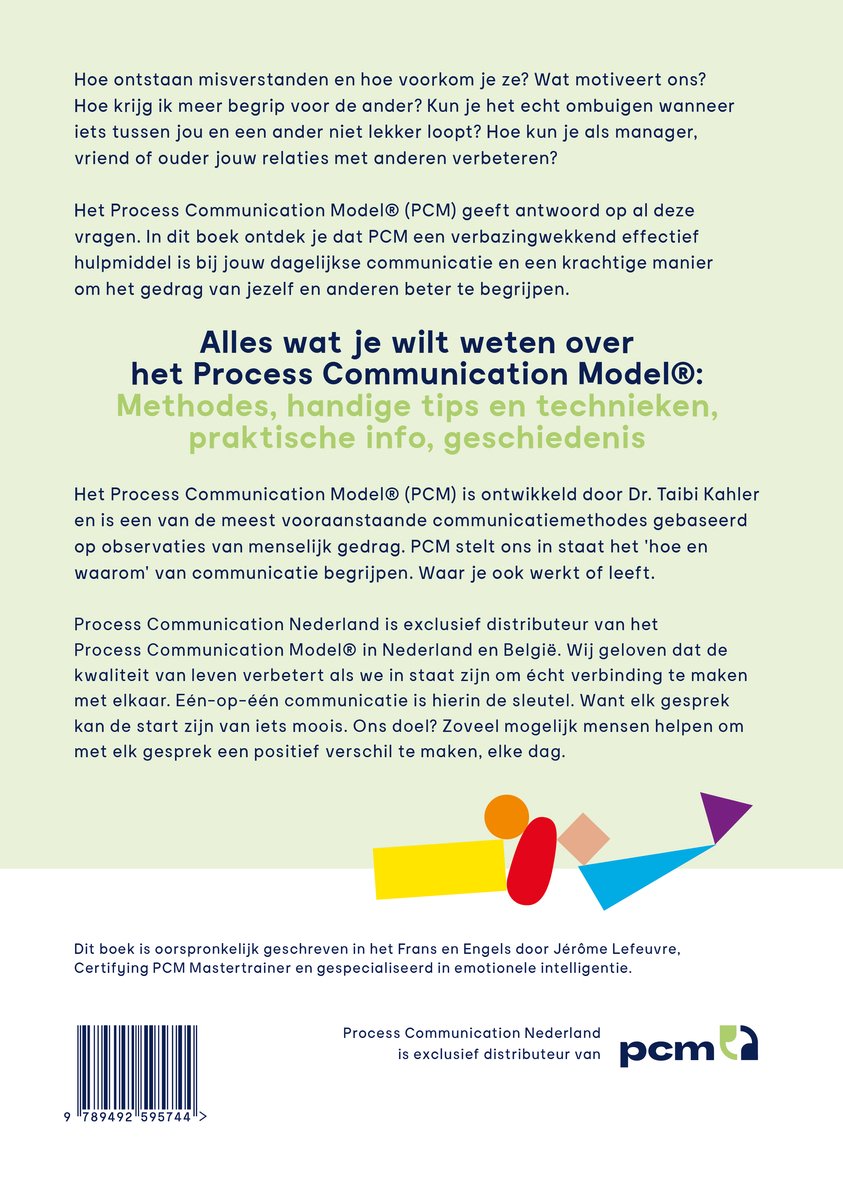 Boekomslag: Alles wat je wilt weten over het Process Communication Model®: Methoden, handige tips en technieken, praktische info, geschiedenis. Een man en vrouw praten in een abstracte stijl met kleurrijke vormen.