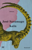 Boekomslag van José Saramago's 'Kain'. Tekening van een geitenbok met gele hoorns op een blauwgestreepte achtergrond, met roze en paarse vlakken.