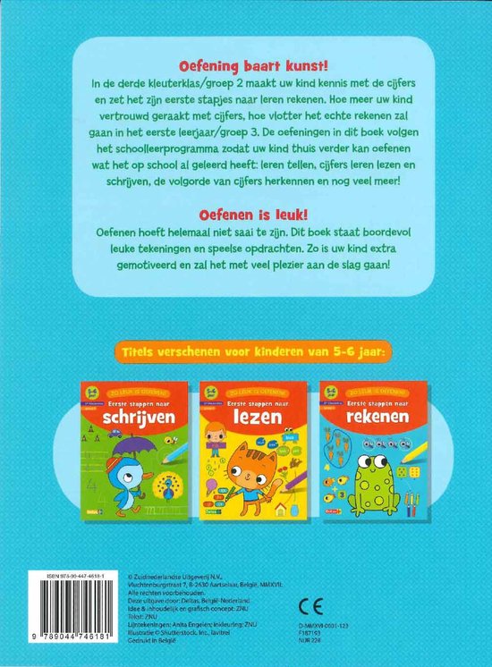Achterkant van een oefenboekenserie voor kinderen van 5-6 jaar, met de titels 'schrijven', 'lezen' en 'rekenen'.