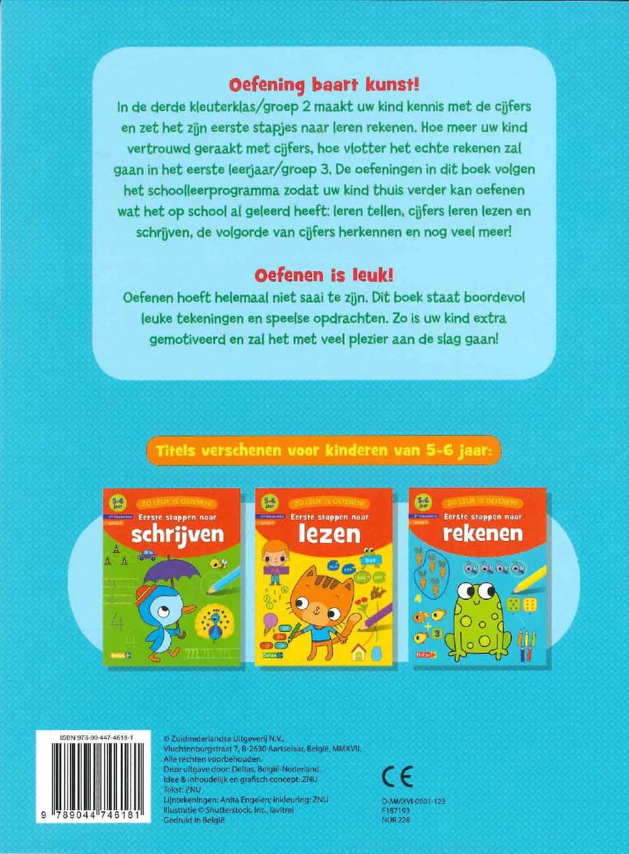 Achterkant van een oefenboekenserie voor kinderen van 5-6 jaar, met de titels 'schrijven', 'lezen' en 'rekenen'.