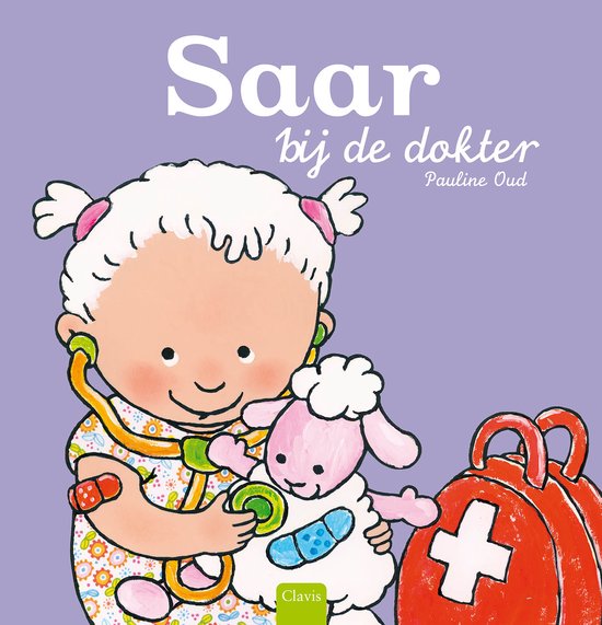 Boekcover: Een meisje met staartjes en een dokterstas onderzoekt een lammetje met een pleister.