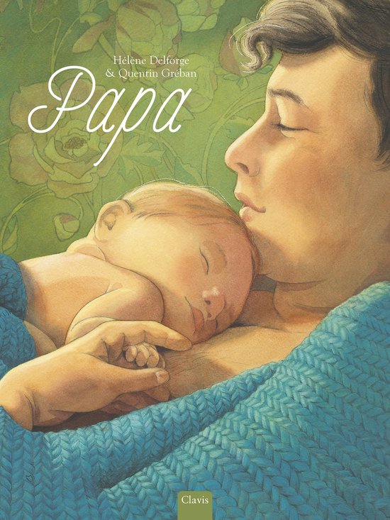 Een illustratie van een vader die zijn baby vasthoudt, met de tekst 'Papa'.