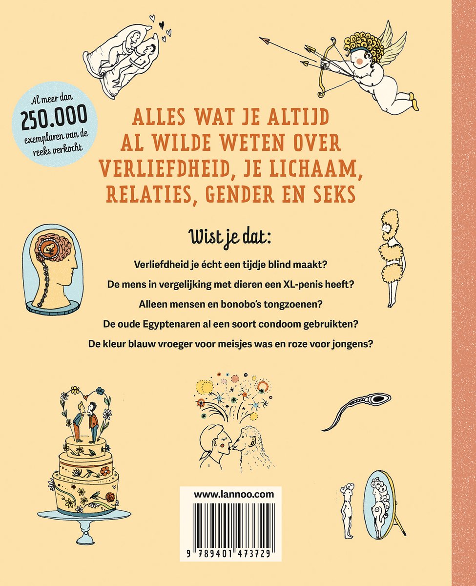 Boekomslag met de titel 'Alles wat je altijd al wilde weten over verliefdheid, je lichaam, relaties, gender en seks'. Met illustraties van cupido, een brein en een bruidstaart.