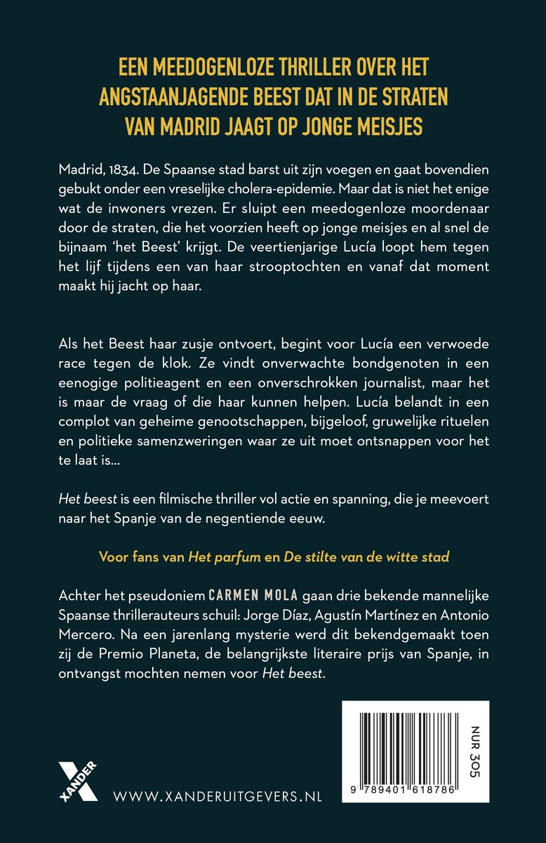 Boekcover 'Het Beest' van Carmen Mola met tekst en een zwart silhouet van een hond.