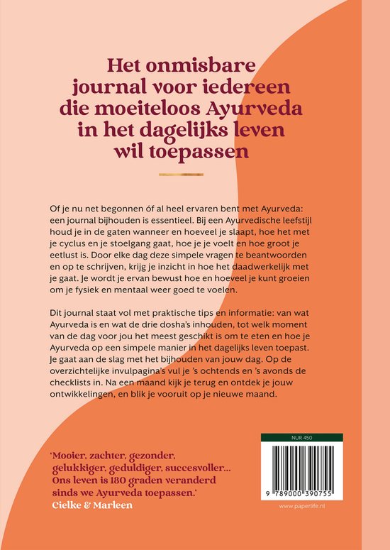 Achterkant van het boek 'Alles over Ayurveda Journal'. Tekst in het Nederlands.