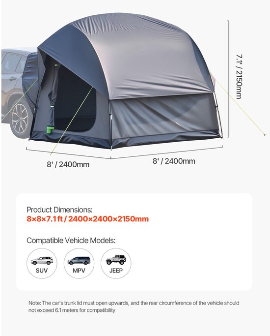 SUV Achterklep Tent, 240 x 240 x 215 cm, 210T Oxford Stof, Waterdicht en Muggenbestendig, Verbeterde Steunstokken, Ruim Interieur voor 5-8 Personen van FDJ — afbeelding 3