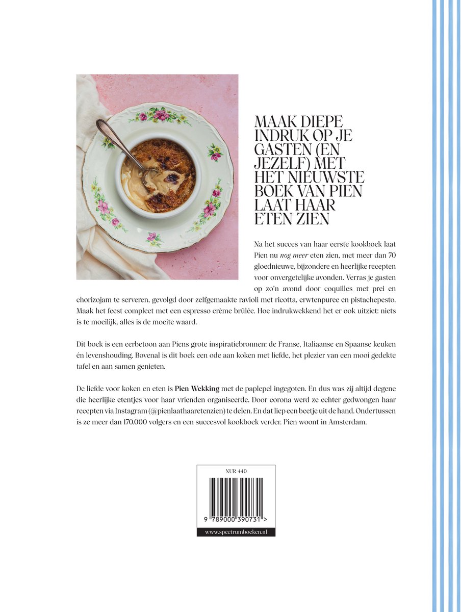 De achterkant van een kookboek met de titel 'Maak diepe indruk op je gasten (en jezelf) met het nieuwste boek van Pien: Pien laat haar eten zien'.