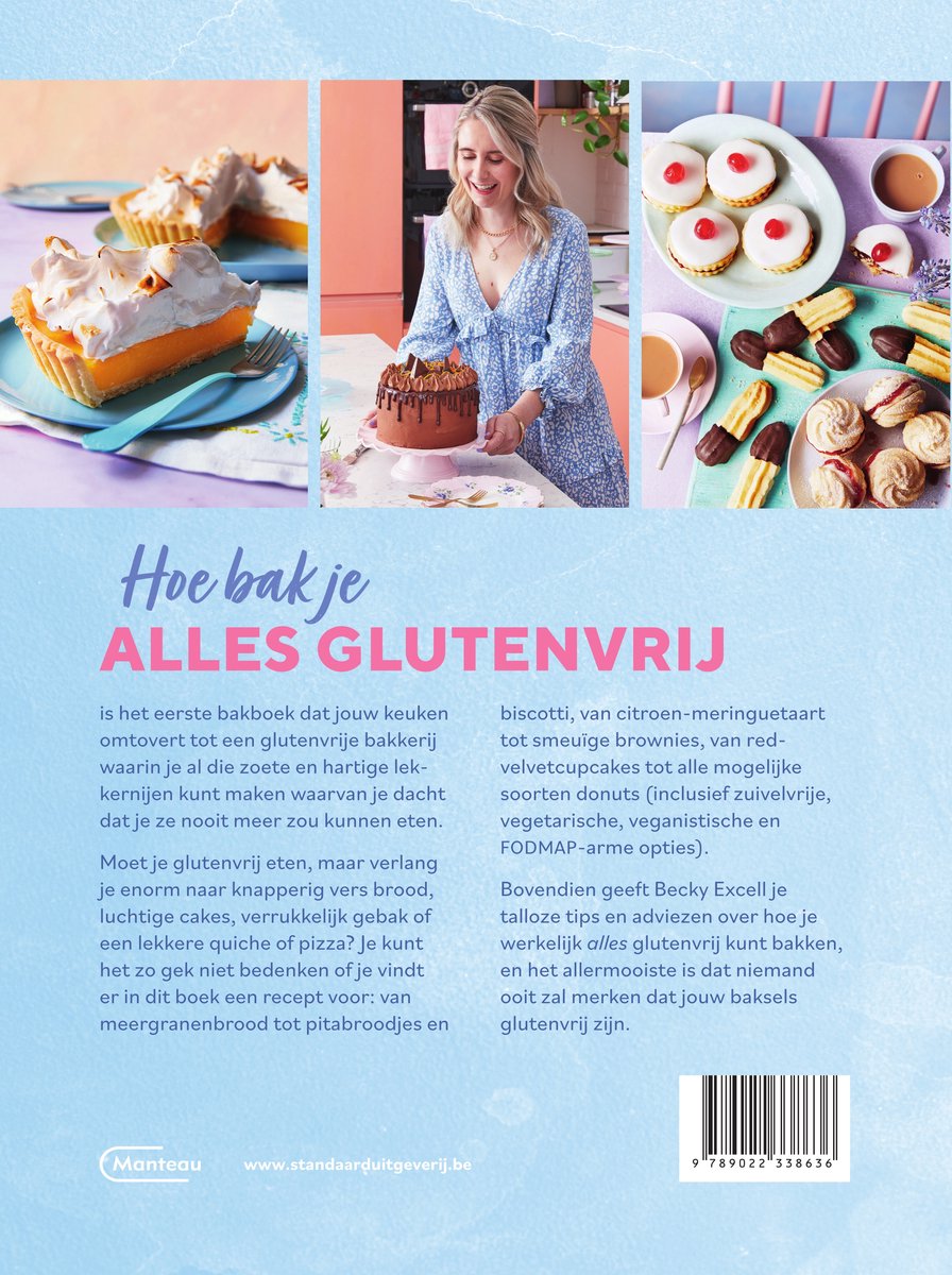 Boekomslag met een collage van glutenvrije gebakjes en de titel 'Hoe bak je alles glutenvrij'