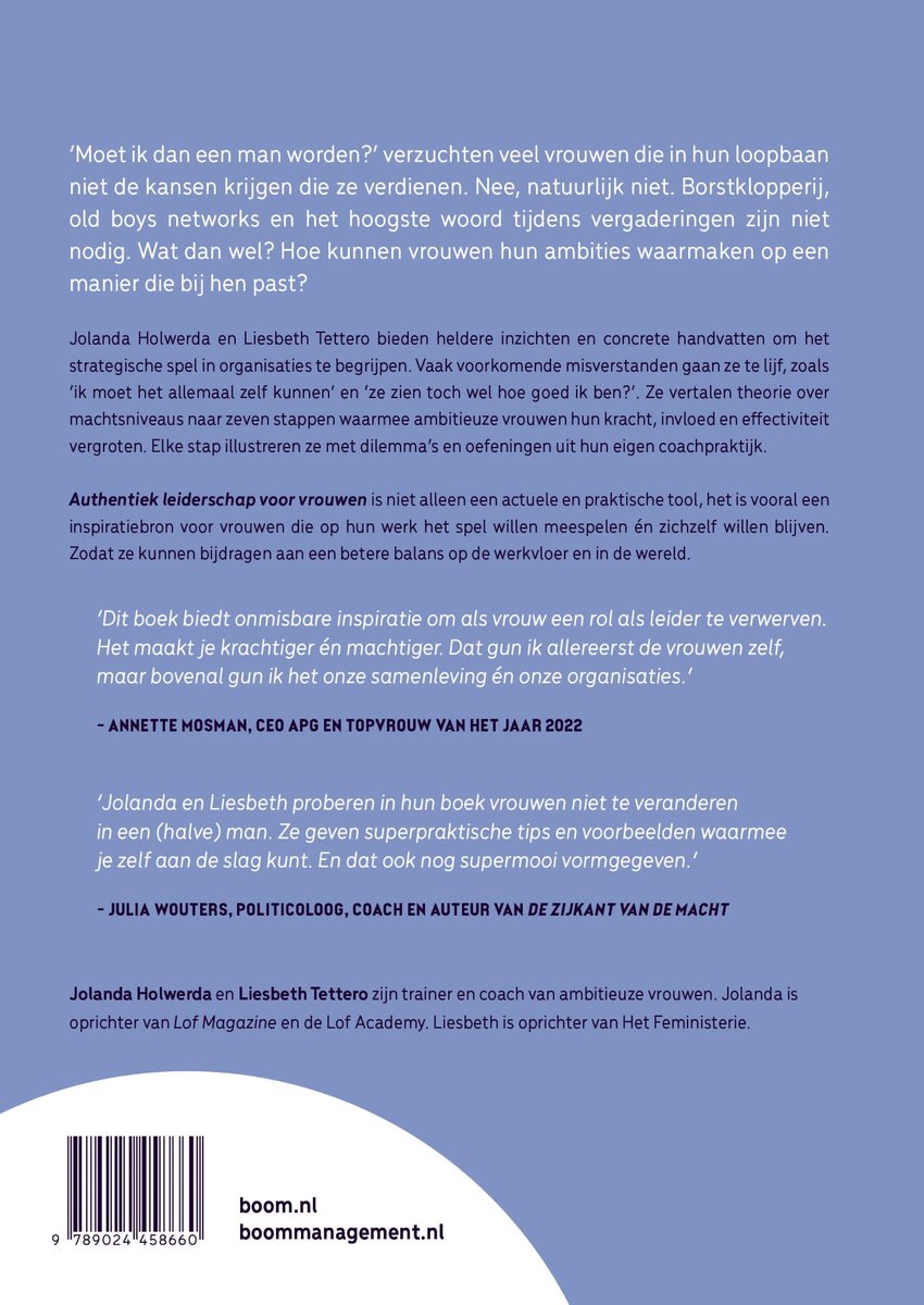 Boek "Authentiek leiderschap voor vrouwen" met quotes van L. Tettero en J. Holwerda.