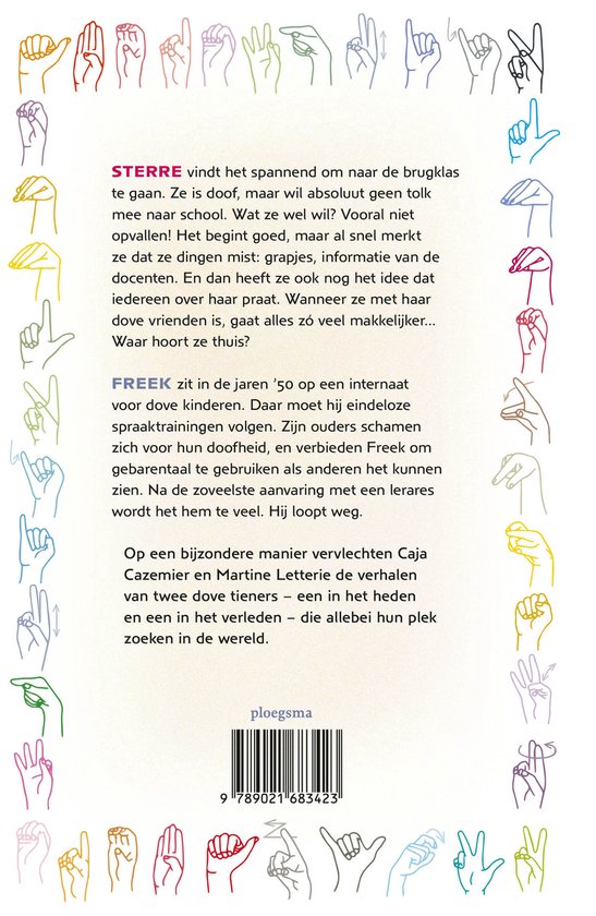 Achterkant van een boek, met tekst en kleine afbeeldingen van handen die gebaren maken in regenboogkleuren.