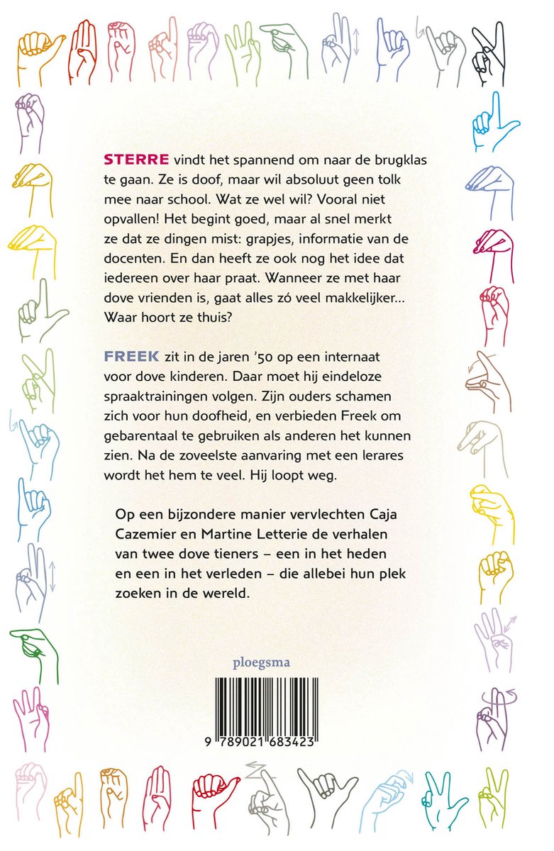Achterkant van een boek, met tekst en kleine afbeeldingen van handen die gebaren maken in regenboogkleuren.