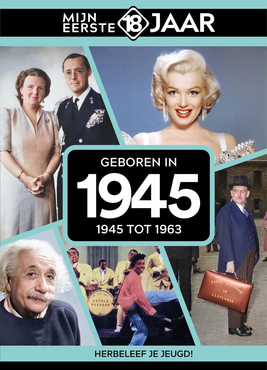 Collage met Marilyn Monroe, Albert Einstein, koninklijk paar, Little Richard en een man met aktetas.