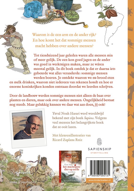 Boekomslag met een man in bril en een illustratie van een oermens met mammoet.