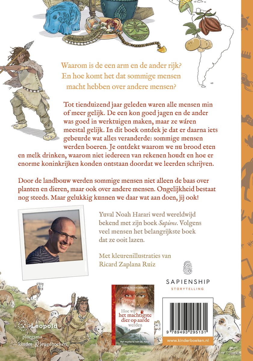 Boekomslag met een man in bril en een illustratie van een oermens met mammoet.