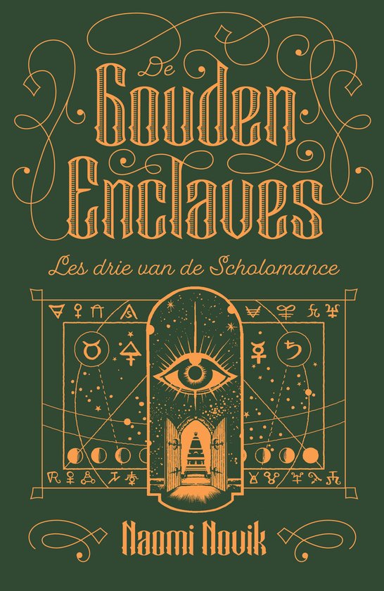 Boekomslag van 'De Gouden Enclaves' van Naomi Novik. Een oog met sterren en symbolen boven een poort.