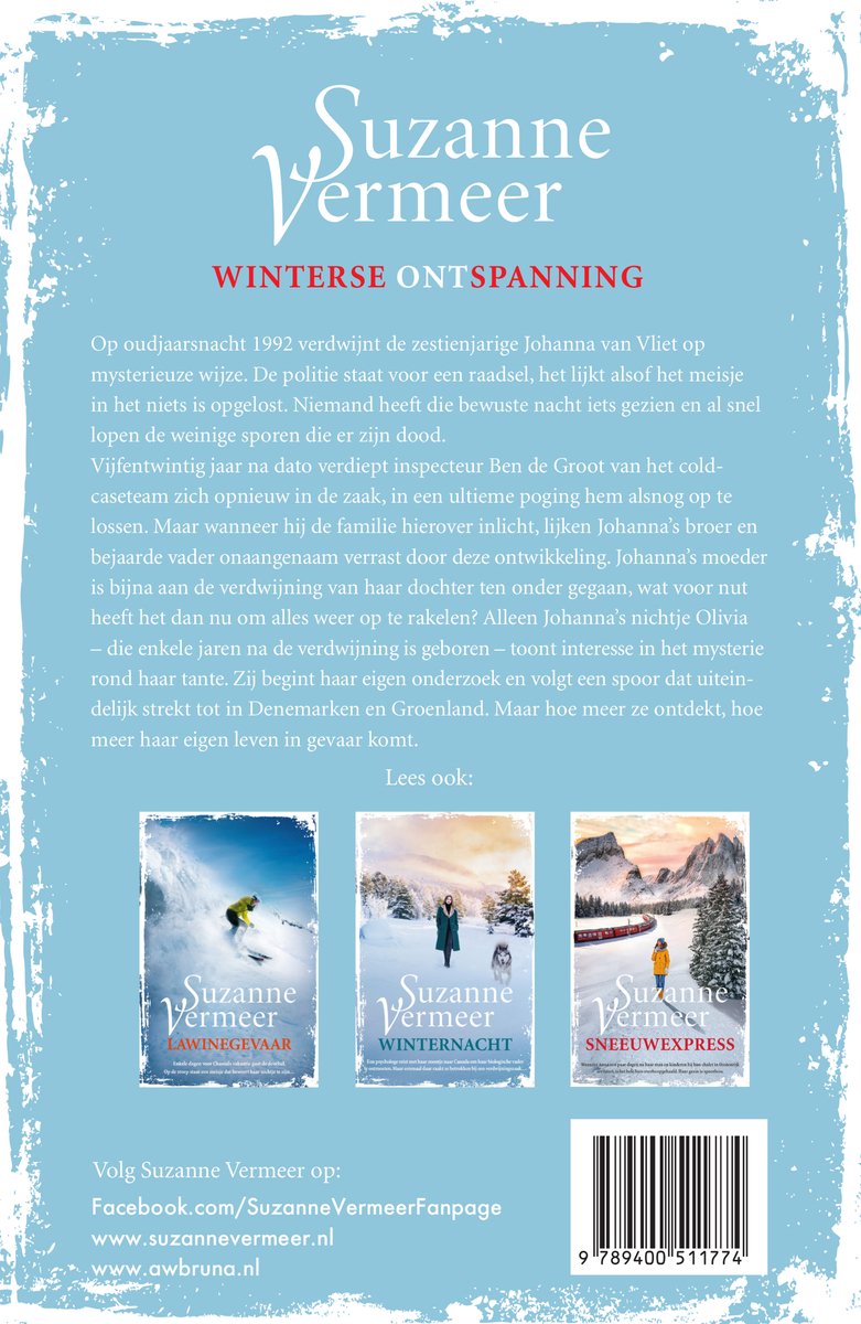 Boekcover met de titel 'Winterse Ontspanning' en een illustratie van besneeuwde bergen.