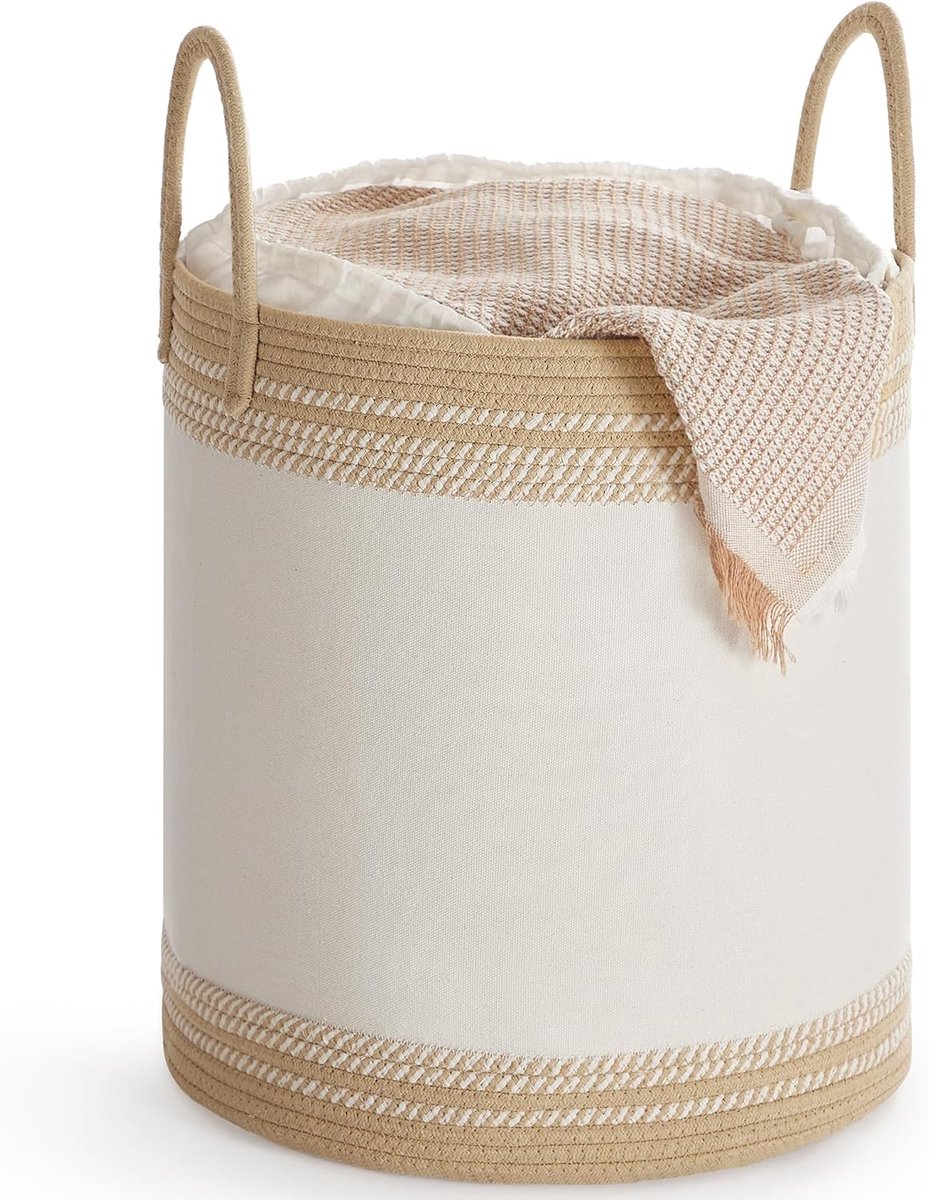 Furnstar Wasmand - 60 Liter - Opbergmand met Deksel - Katoenen Touw - Trekkoord - Handvatten - Voor Kleding en Dekens - Bruin RLH060K01