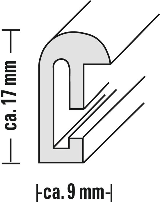Technische tekening van een fotolijstprofiel met afmetingen 17mm en 9mm.