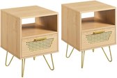 Set de 2 tables de chevet, design en rotin, table d'appoint avec 1 tiroir et 1 compartiment de rangement ouvert, table de chevet, pieds en métal, table de chevet, table de canapé pour chambre/salon, marron clair