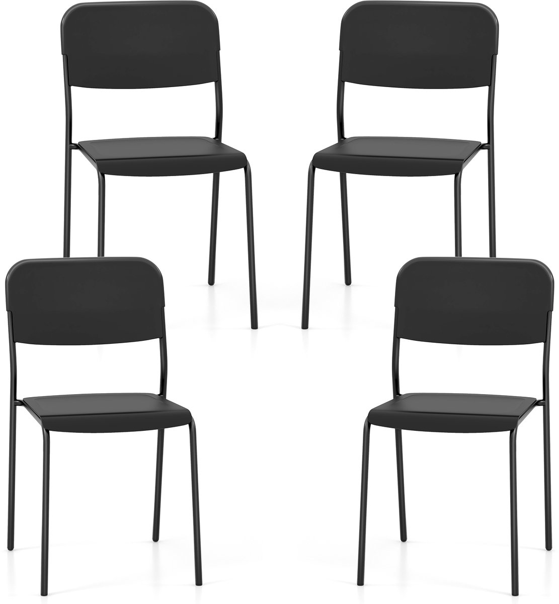 Costway Set van 4 eetkamerstoelen, stapelbare keukenstoelen met rugleuning en metalen poten, zitting van PP, stoel zonder armleuningen, stapelstoel voor eetkamer, woonkamer, restaurant Zwart