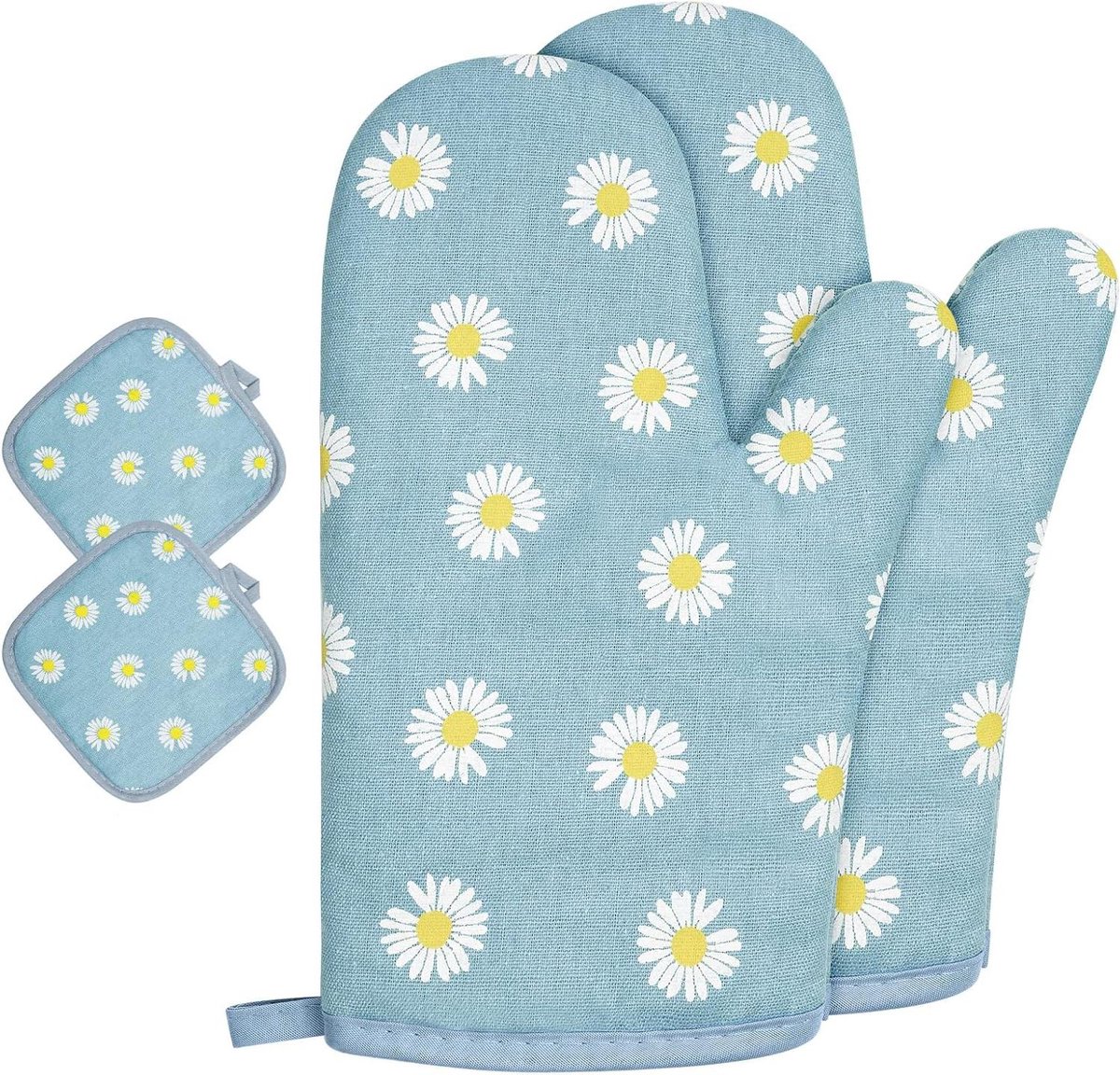 Set van 1 paar hittebestendige barbecuehandschoenen en 2 katoenen pannenlappen met antislip in blauw met madeliefjesprint, ideaal voor koken, bakken en gebruik in de oven of magnetron