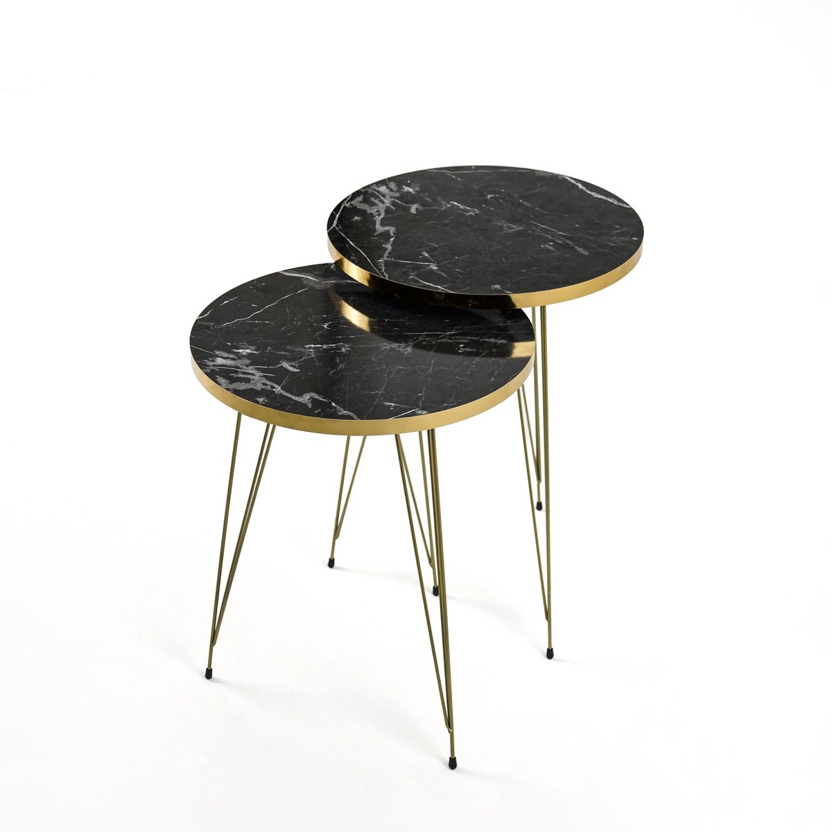 Ronde Nesttafel Set van 2 - Gouden Poten met Marmerprint, Moderne Bijzettafels - Zwart