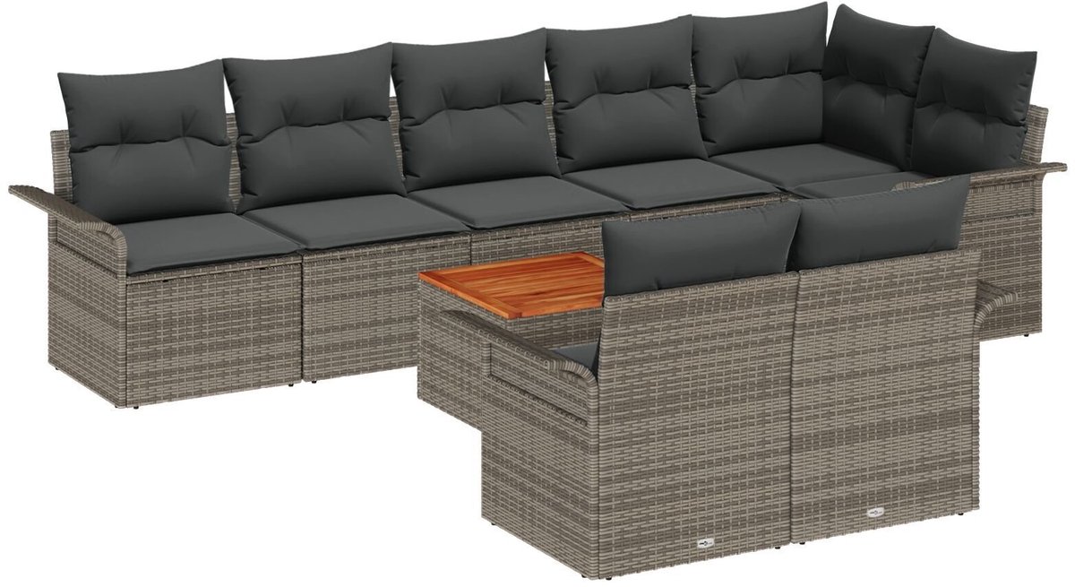 vidaXL Tuinbank - Set - 9 - st - 8-zits - Grijs - poly - rattan