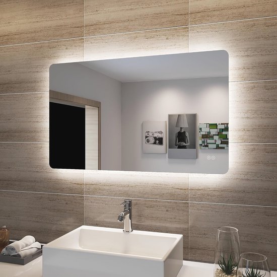 LUVODI Badkamerspiegel met Bluetooth-luidspreker: 80 x 60 cm led-spiegel met achtergrondverlichting en voorverlichting, 4 aanraakschakelaars, dimbaar, 3 lichtkleuren instelbaar, anti-condens
