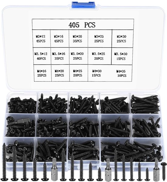 Famanu 405 vis à tête cylindrique noires, Torx M3/ M3, 5/ M4, vis autotaraudeuses à tête ronde, vis à bois en acier carbone, vis Torx autotaraudeuses, avec 3 embouts