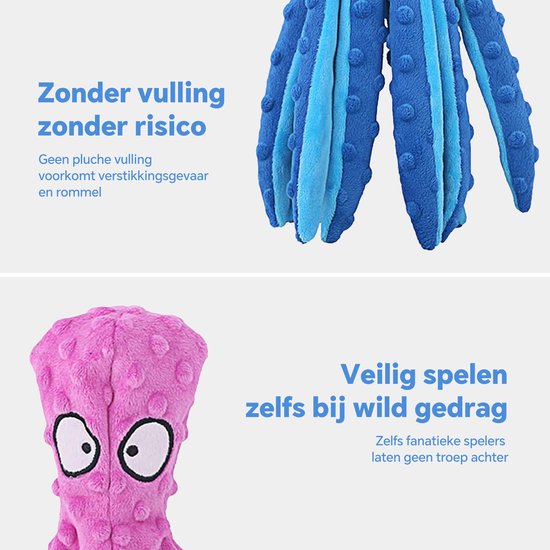 Close-up van een blauwe octopusknuffel en een roze octopusknuffel.