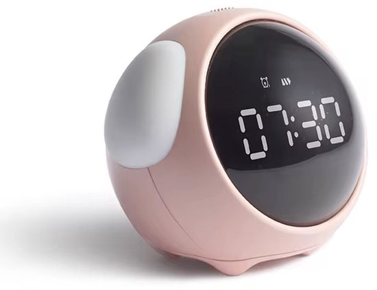 Roze digitale wekker met een zwart scherm waarop 07:30 wordt weergegeven en een oplichtend oor.