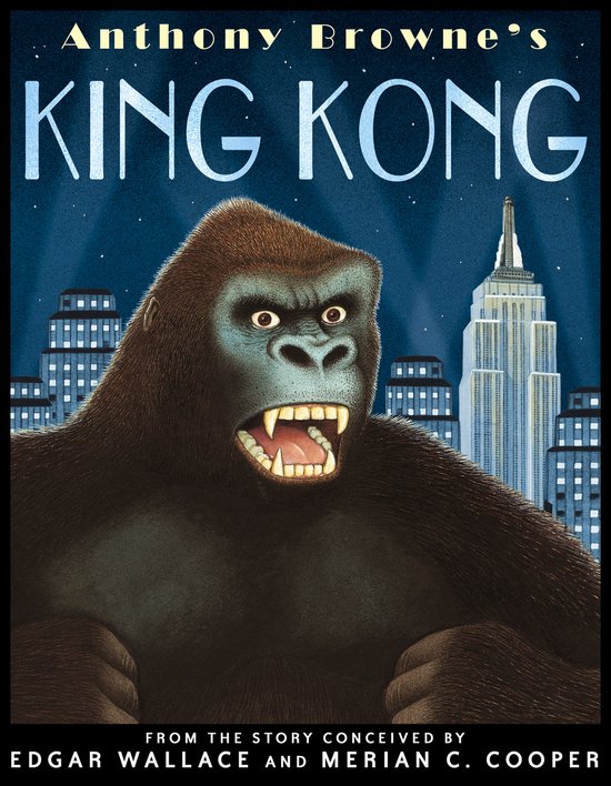 King Kong boekcover met een grote aap die voor de skyline van New York staat, met de Empire State Building.