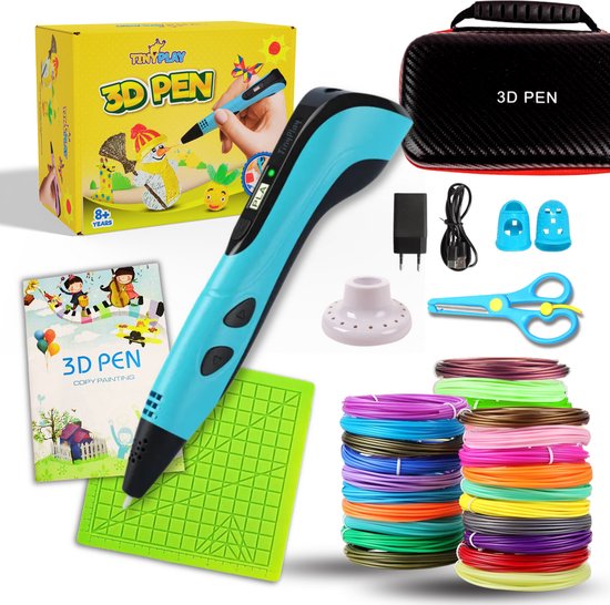 TinyPlay - Pack de démarrage pour stylo 3D XXL - Filament de 100 m - Incl. E-Book - Mallette de rangement - Ciseaux - Tapis à dessin - Livre de dessin - Protège-doigts - Artisanat Filles & Garçons - Stylos 3D - Blauw