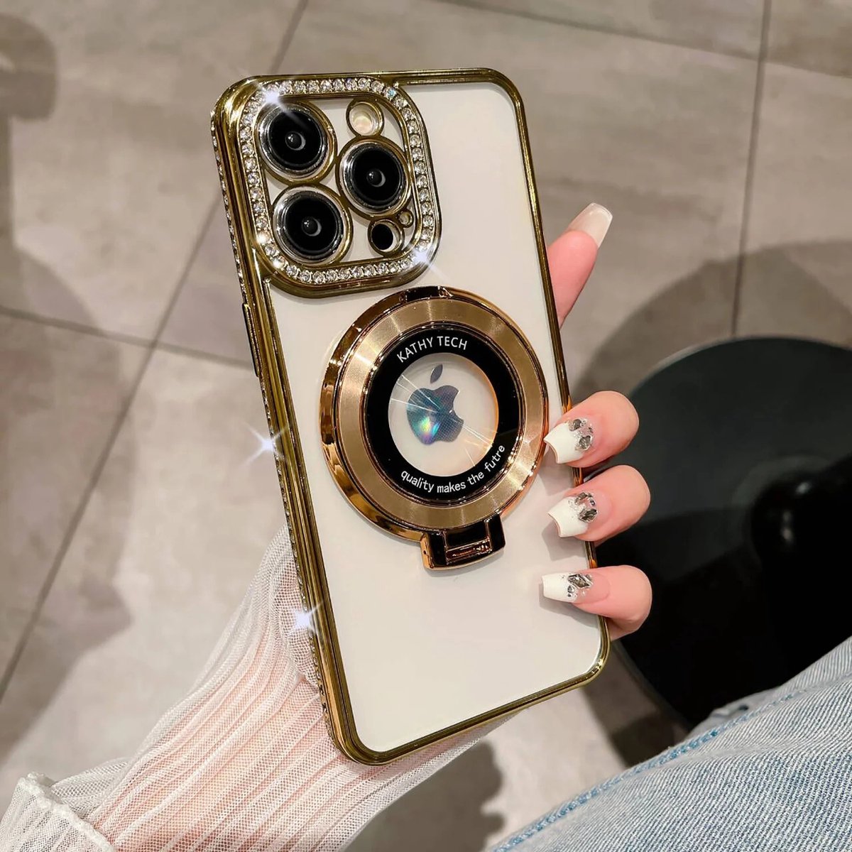 Bumper Back Cover Hoesje - Glinsterende - Schattige met Diamanten steentjes voor Dames en Meisjes - Geschikt voor: iPhone 14 Pro - Goud