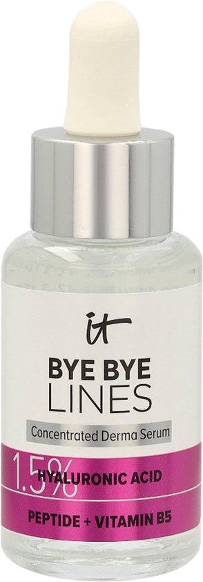 Flesje met 'it BYE BYE LINES' Concentrated Derma Serum. Bevat 1,5% hyaluronzuur, peptide + vitamine B5.