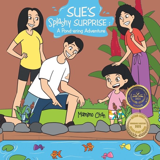 Couverture de livre : Sue's Splashy Surprise : A Pond-ering Adventure. Quatre personnages près d'un étang.