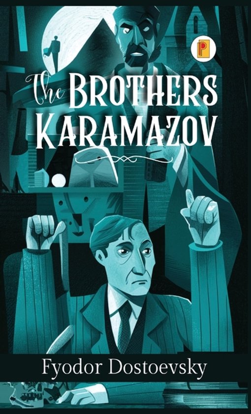 Boekomslag van 'The Brothers Karamazov' door Fyodor Dostoevsky, met een illustratie van drie mannen in pak in blauwtinten.