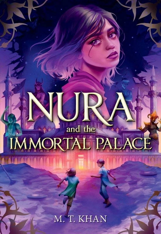 Boekomslag: Nura and the Immortal Palace, met een meisje en jongen die naar een magisch paleis rennen.