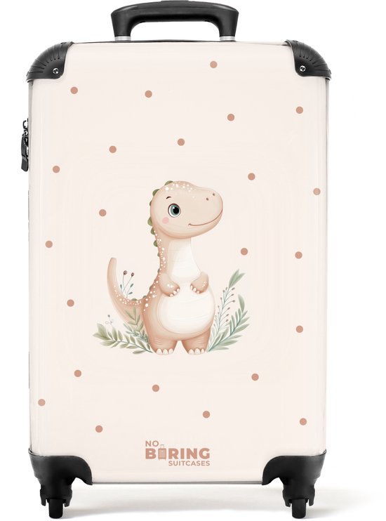 Beige koffer met stippen, afgebeeld met een schattige beige dinosaurus en groene blaadjes.