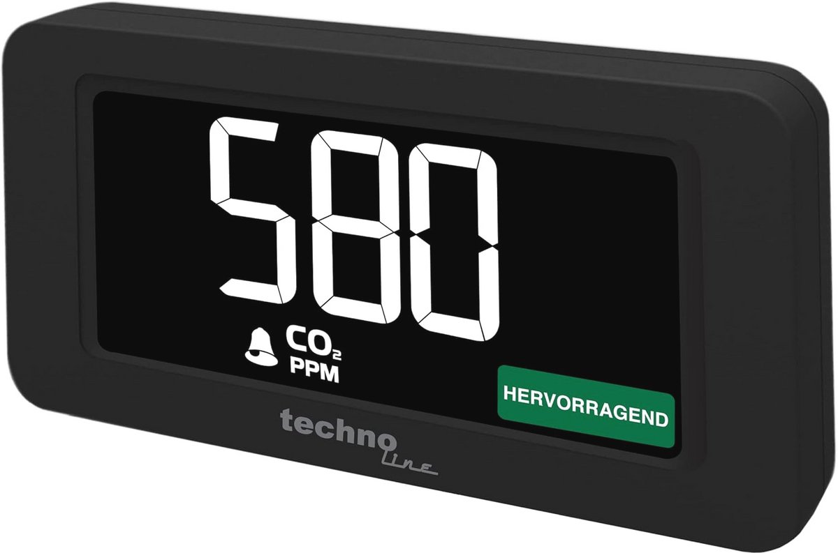 CO2-meetapparaat met gekleurde CO2-weergave en ventilatieadvies