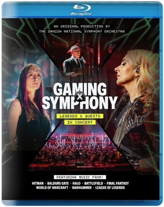 Blu-ray hoes: "Gaming Symphony: Legends & Quests In Concert" met afbeeldingen van twee zangeressen en het Deens Nationaal Symfonieorkest.