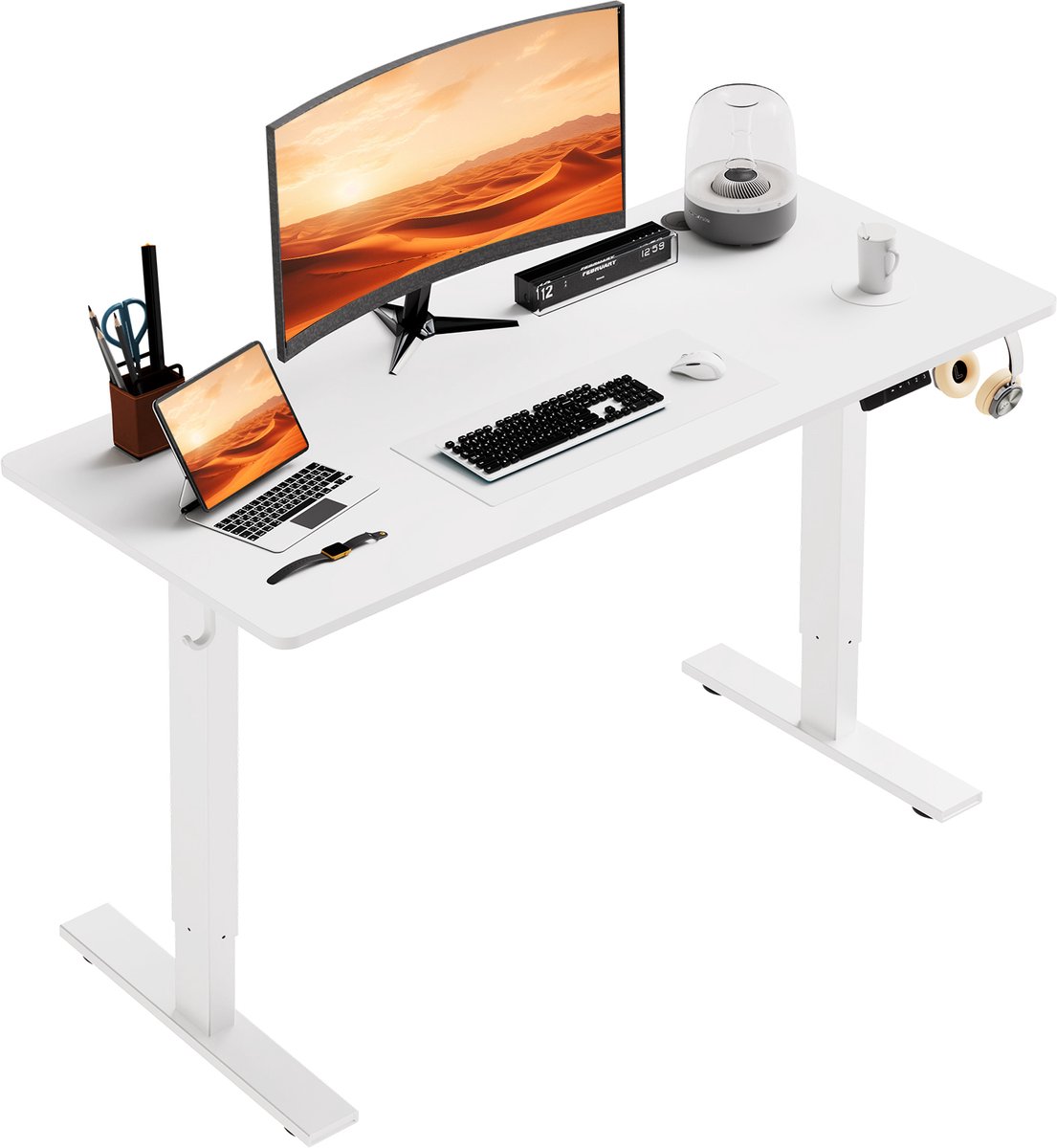 Zit-sta bureau 110 x 60 cm, Elektrisch in hoogte verstelbaar bureau, met geheugenfunctie en anti-botsingstechnologie, Stevig en Duurzaam, Stille Motor, Hoogte 70-117cm, Wit