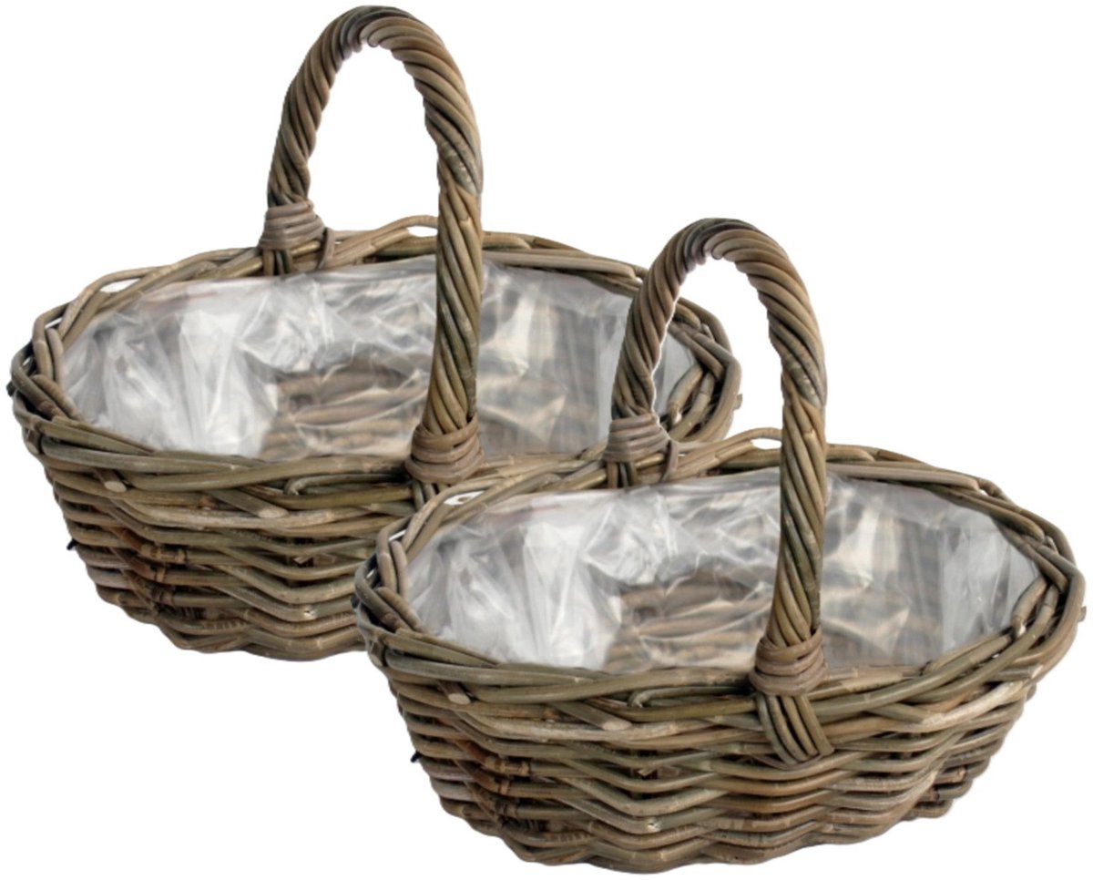 Van der Leeden Mand met hengsel - 2x - bruin - 36 x 28 x 14 cm - rotan - gevlochten riet - opbergmand - bloempot/plantenpot