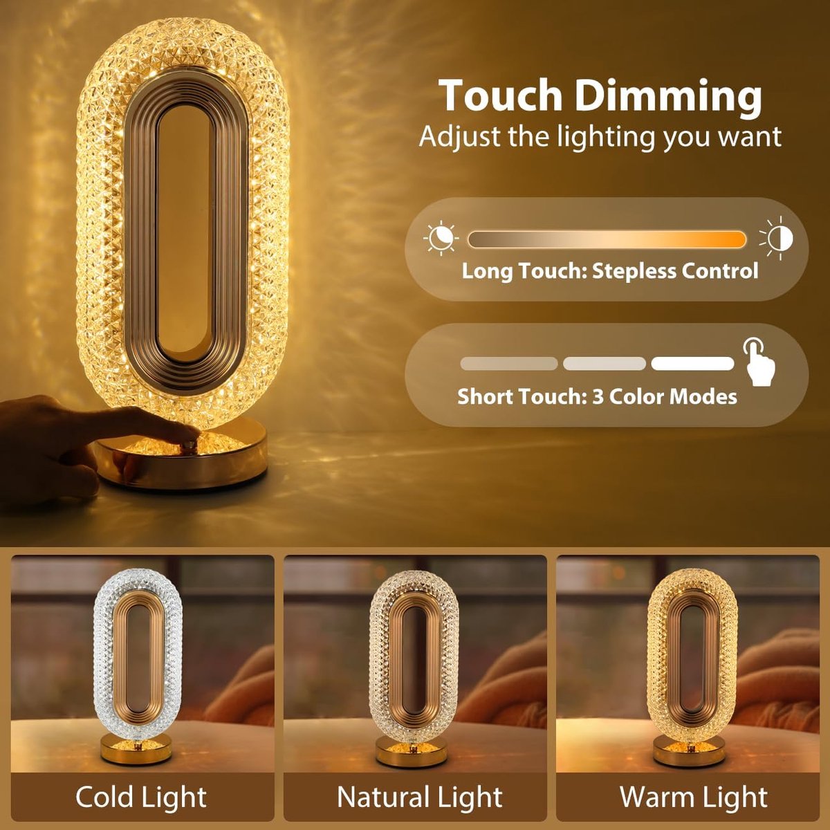 100pcs，Tafellamp, traploos dimbare touchlamp met 3 kleuren, oplaadbaar nachtlampje met USB-poort, moderne ovale kristallen lamp voor op het nachtkastje, bureau, slaapkamer, woonkamer, woondecoratie thumbnail 3