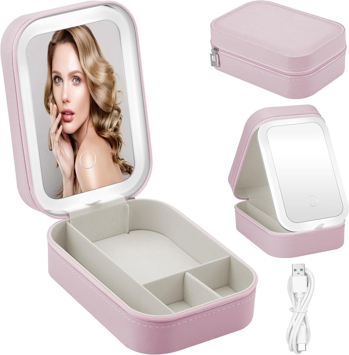 Make-uptas voor op reis met led-verlichte spiegel - 3 kleuren led-licht - Roze