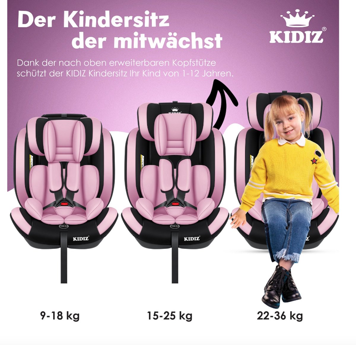 KIDIZ Premium Kinderautostoel Groep 1+2+3, 9-36 kg, 5-punts veiligheidsgordel, auto thumbnail 5